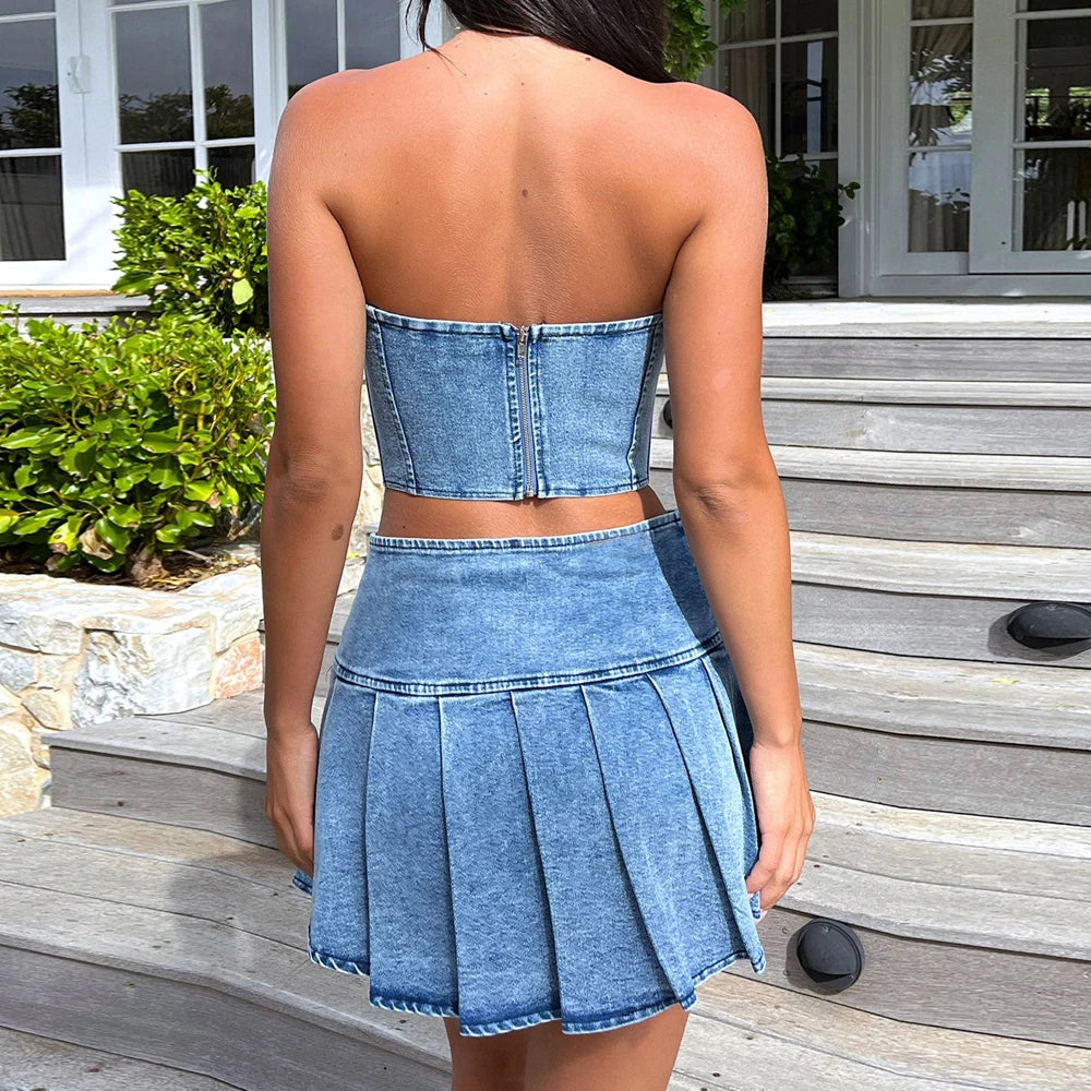 TAMBREET Sexy Summer Outfits Women 2024 Fashion Jean Dress with Skirt 2 Piece Sets Bustier Blue Denim Two Piece Outfit Split Skirt Set