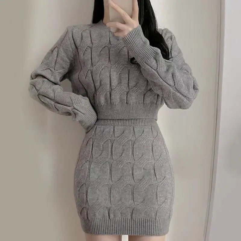 TAMBREET Sexy Sweater Set Women's Outfits Autumn Winter New Knitted Slim Fit Top and Hip Wrap Skirt Two-piece Sets Y2k Ensemble Femme