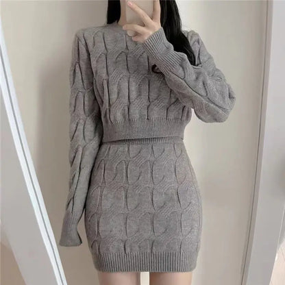 TAMBREET Sexy Sweater Set Women's Outfits Autumn Winter New Knitted Slim Fit Top and Hip Wrap Skirt Two-piece Sets Y2k Ensemble Femme