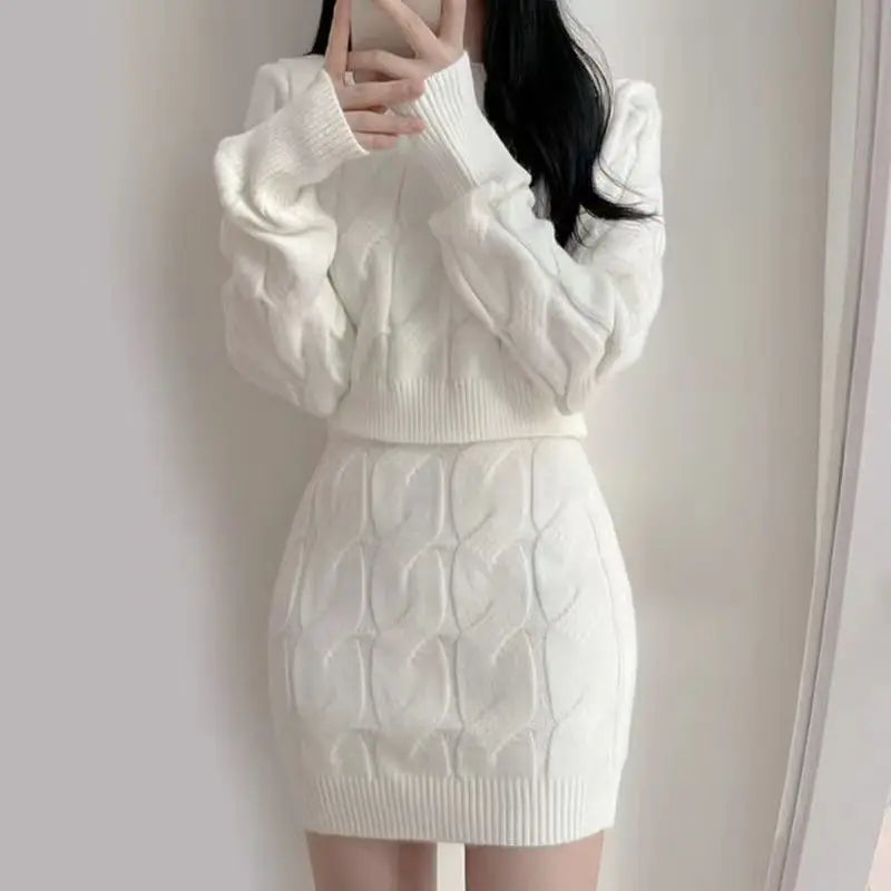 TAMBREET Sexy Sweater Set Women's Outfits Autumn Winter New Knitted Slim Fit Top and Hip Wrap Skirt Two-piece Sets Y2k Ensemble Femme