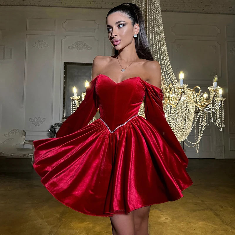 TAMBREET Sexy Velvet Strapless Short Party Dress Women Off Shoulder Long Sleeve Bandage Dresses 2024 Autumn Lady Christmas Evening Robes