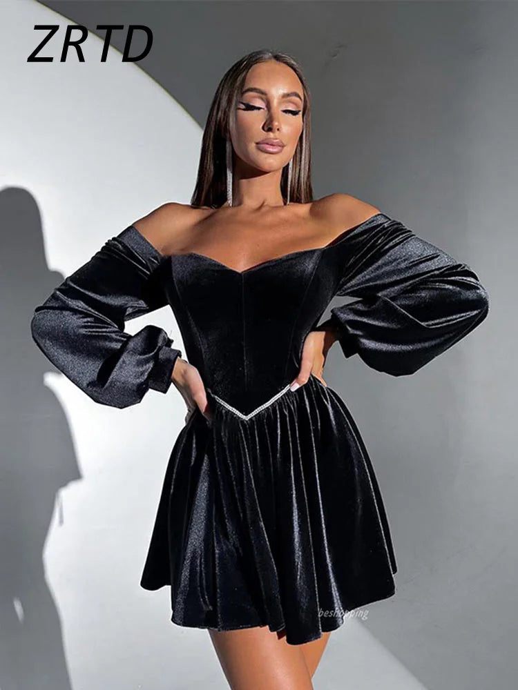 TAMBREET Sexy Velvet Strapless Short Party Dress Women Off Shoulder Long Sleeve Bandage Dresses 2024 Autumn Lady Christmas Evening Robes