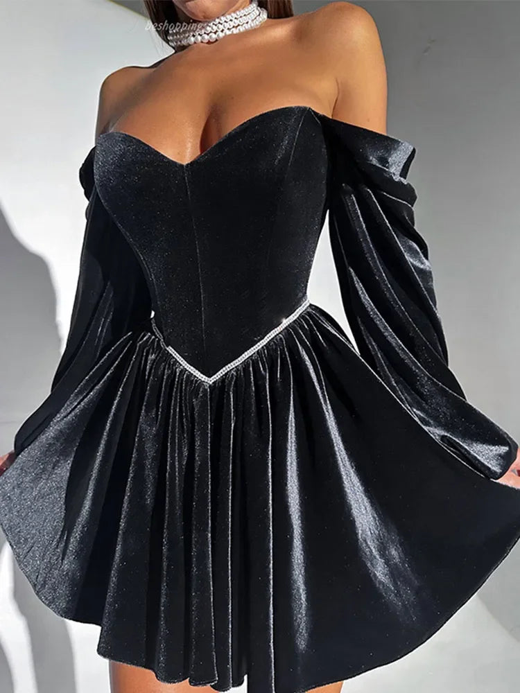 TAMBREET Sexy Velvet Strapless Short Party Dress Women Off Shoulder Long Sleeve Bandage Dresses 2024 Autumn Lady Christmas Evening Robes