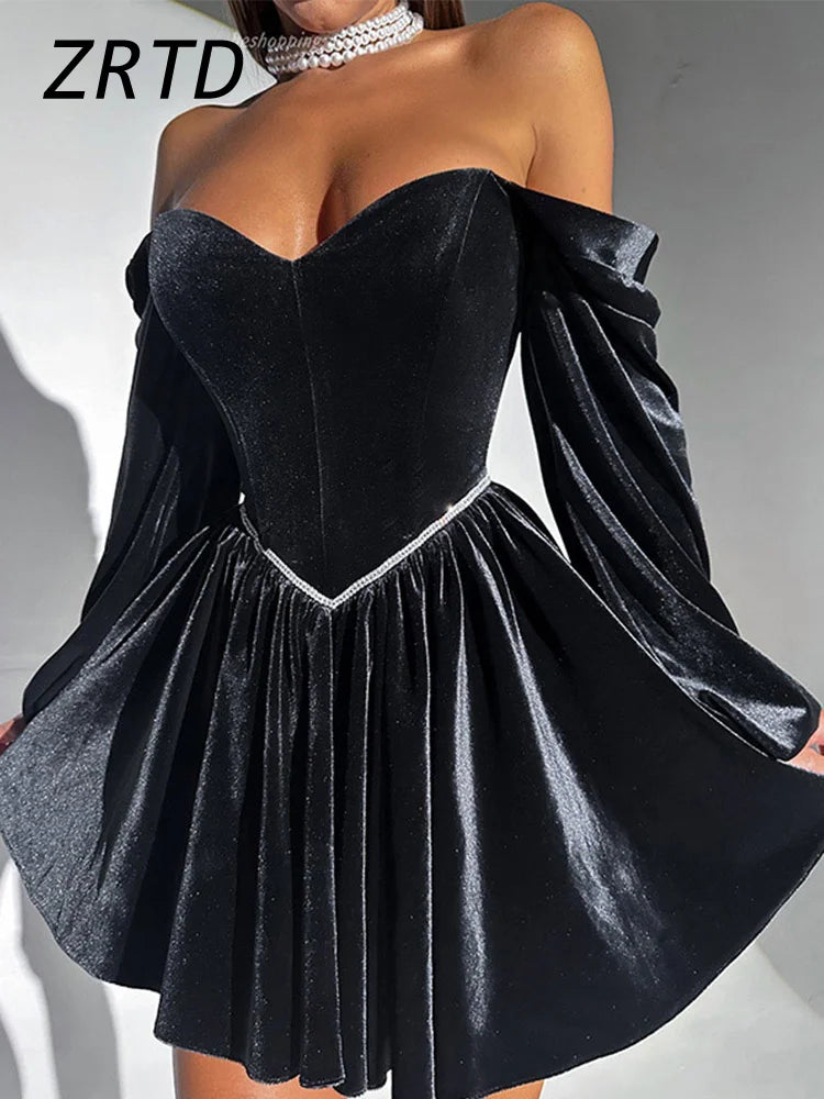 TAMBREET Sexy Velvet Strapless Short Party Dress Women Off Shoulder Long Sleeve Bandage Dresses 2024 Autumn Lady Christmas Evening Robes