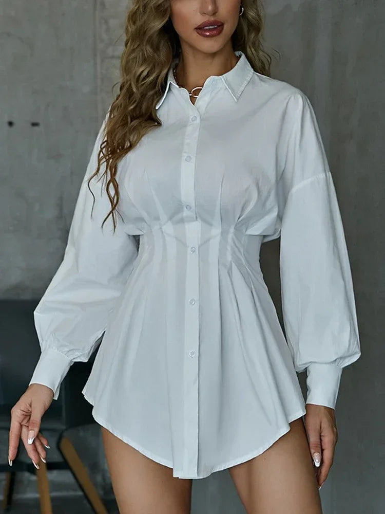 TAMBREET Sexy Women Blouse Slim Deep V Puff Sleeve Shirtdress Long Sleeve Shirt Solid Vintage Blouse Turndown Collar Shirts Work Blouse