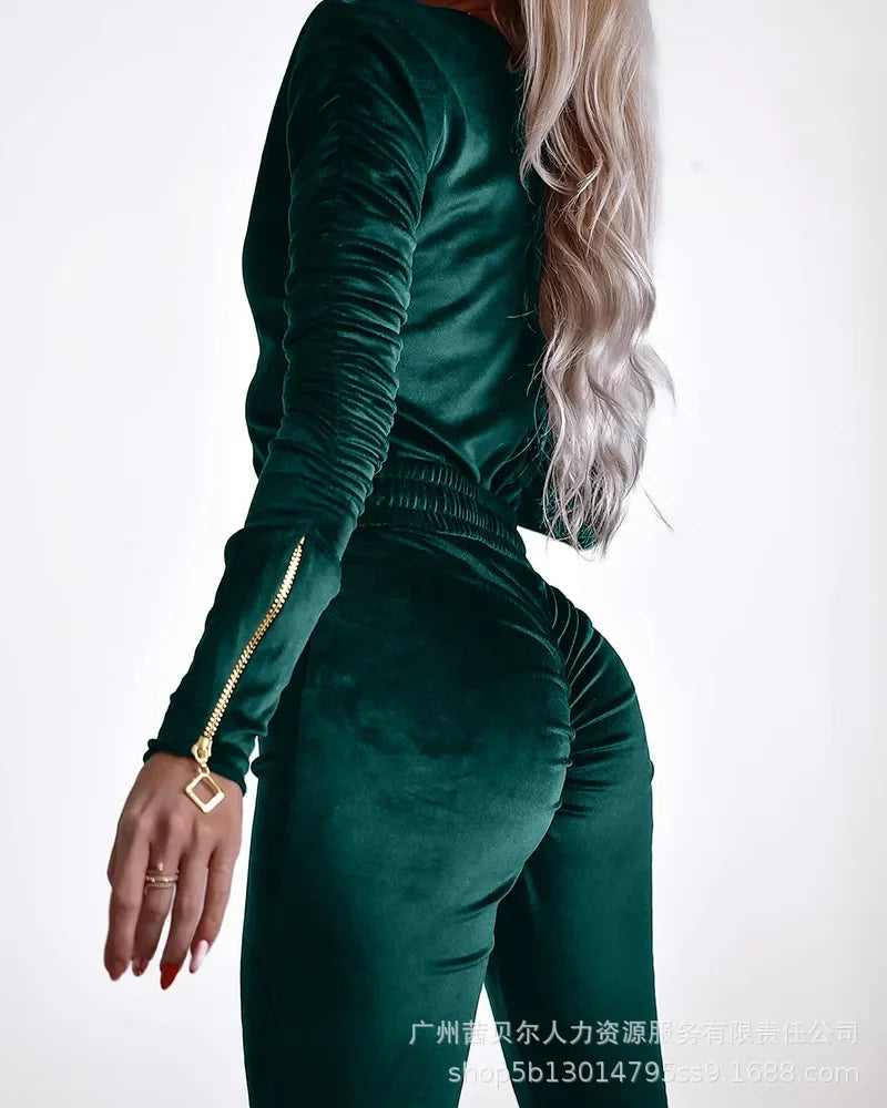 TAMBREET Sheath Jumpsuits Ruched Long Sleeve Sexy Bodycon Jumpsuits Women Velvet Zipper Design Jumpsuit with Elastic Waistbelt