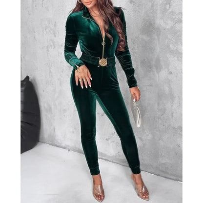 TAMBREET Sheath Jumpsuits Ruched Long Sleeve Sexy Bodycon Jumpsuits Women Velvet Zipper Design Jumpsuit with Elastic Waistbelt