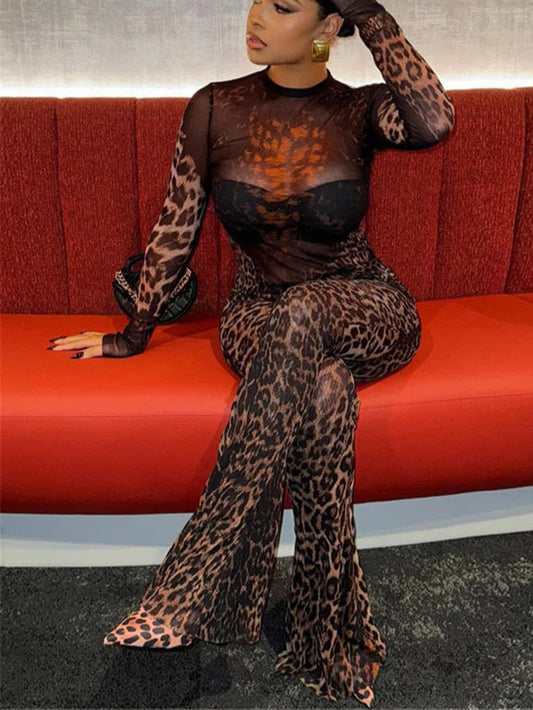 TAMBREET Shestyle Leopard Transparent Jumpsuit Women Sheer Flare Zipper Fly Long Sleeve Crew Neck 2024 Autumn Bodycon Outfits Clubwear