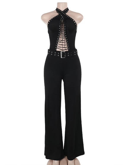 TAMBREET Sibybo Hollow Out Bandage Jumpsuit Women Fashion Belt Sleeveless Halter Backless Bodycon Flare Pants Rompers Black Sexy Overalls