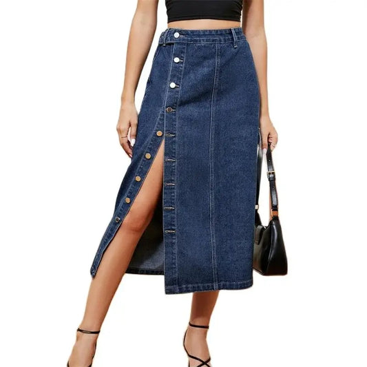 TAMBREET  Side Pocket Single-breasted Splicing Denim Skirt Women High Waist Half-body Dress Female Office Commuter Casual Streetwear 2024