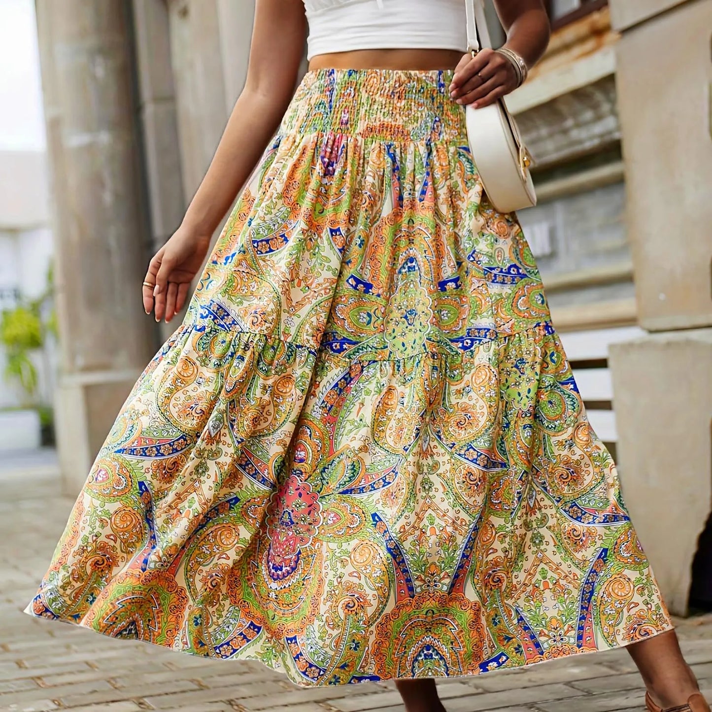 TAMBREET Skirts For Women Summer Bohemian Lace Up Floral Print Flowy Long Skirt Female Loose Boho Skirt Athletic Long Dress For Women