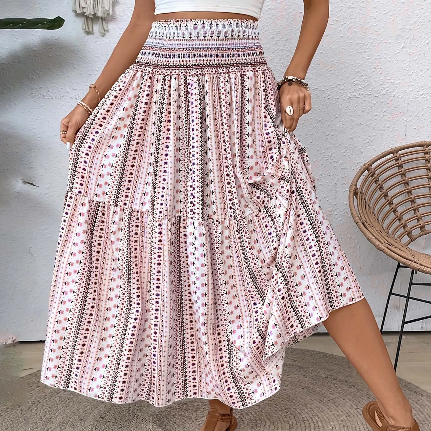 TAMBREET Skirts For Women Summer Bohemian Lace Up Floral Print Flowy Long Skirt Female Loose Boho Skirt Athletic Long Dress For Women