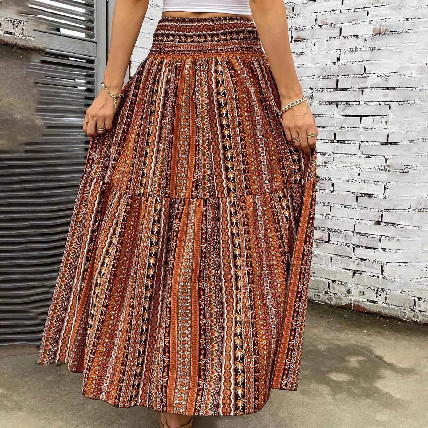 TAMBREET Skirts For Women Summer Bohemian Lace Up Floral Print Flowy Long Skirt Female Loose Boho Skirt Athletic Long Dress For Women