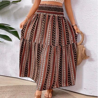 TAMBREET Skirts For Women Summer Bohemian Lace Up Floral Print Flowy Long Skirt Female Loose Boho Skirt Athletic Long Dress For Women