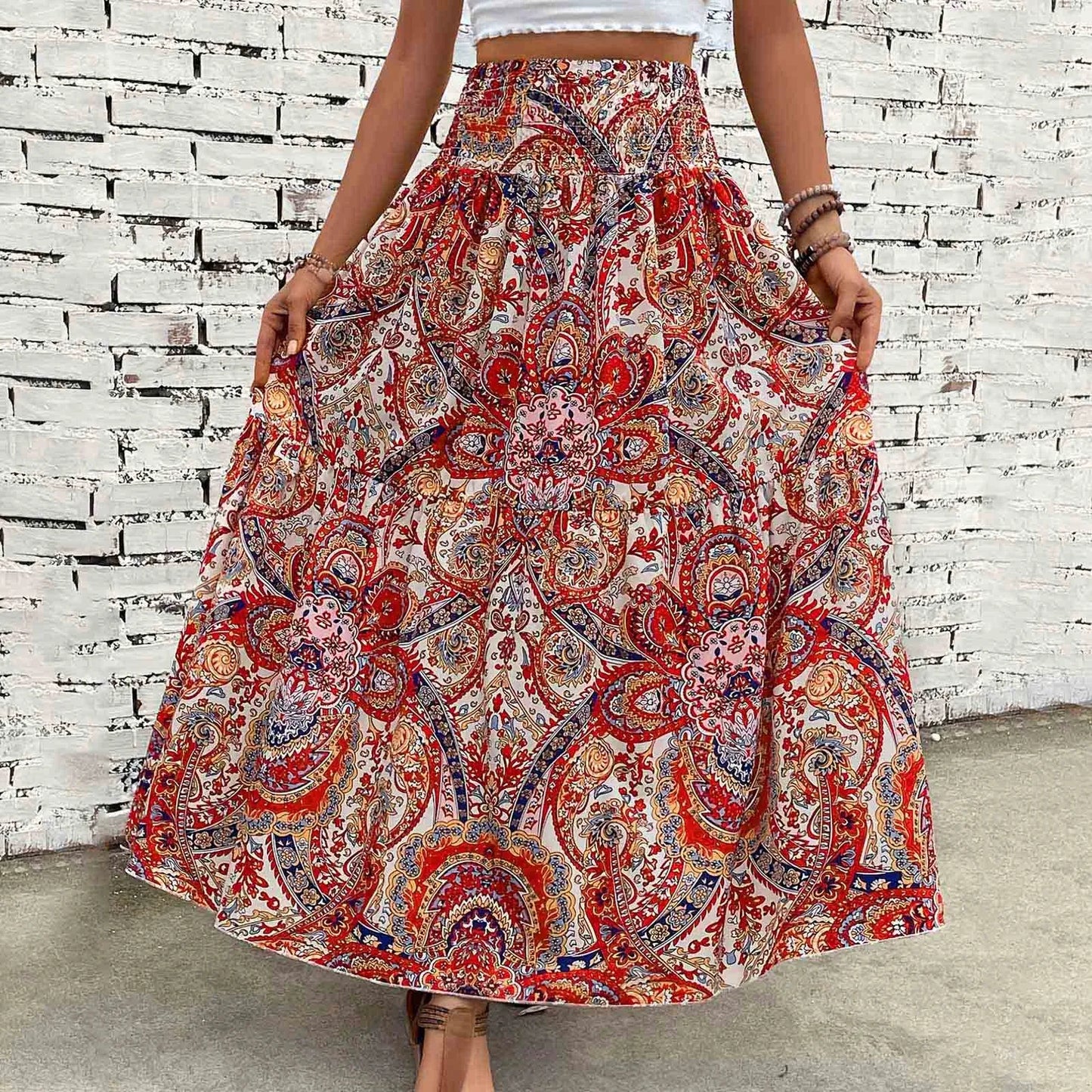 TAMBREET Skirts For Women Summer Bohemian Lace Up Floral Print Flowy Long Skirt Female Loose Boho Skirt Athletic Long Dress For Women