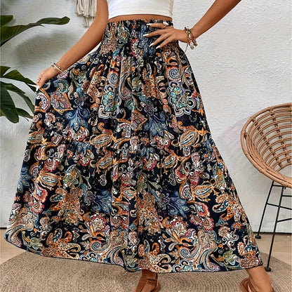 TAMBREET Skirts For Women Summer Bohemian Lace Up Floral Print Flowy Long Skirt Female Loose Boho Skirt Athletic Long Dress For Women