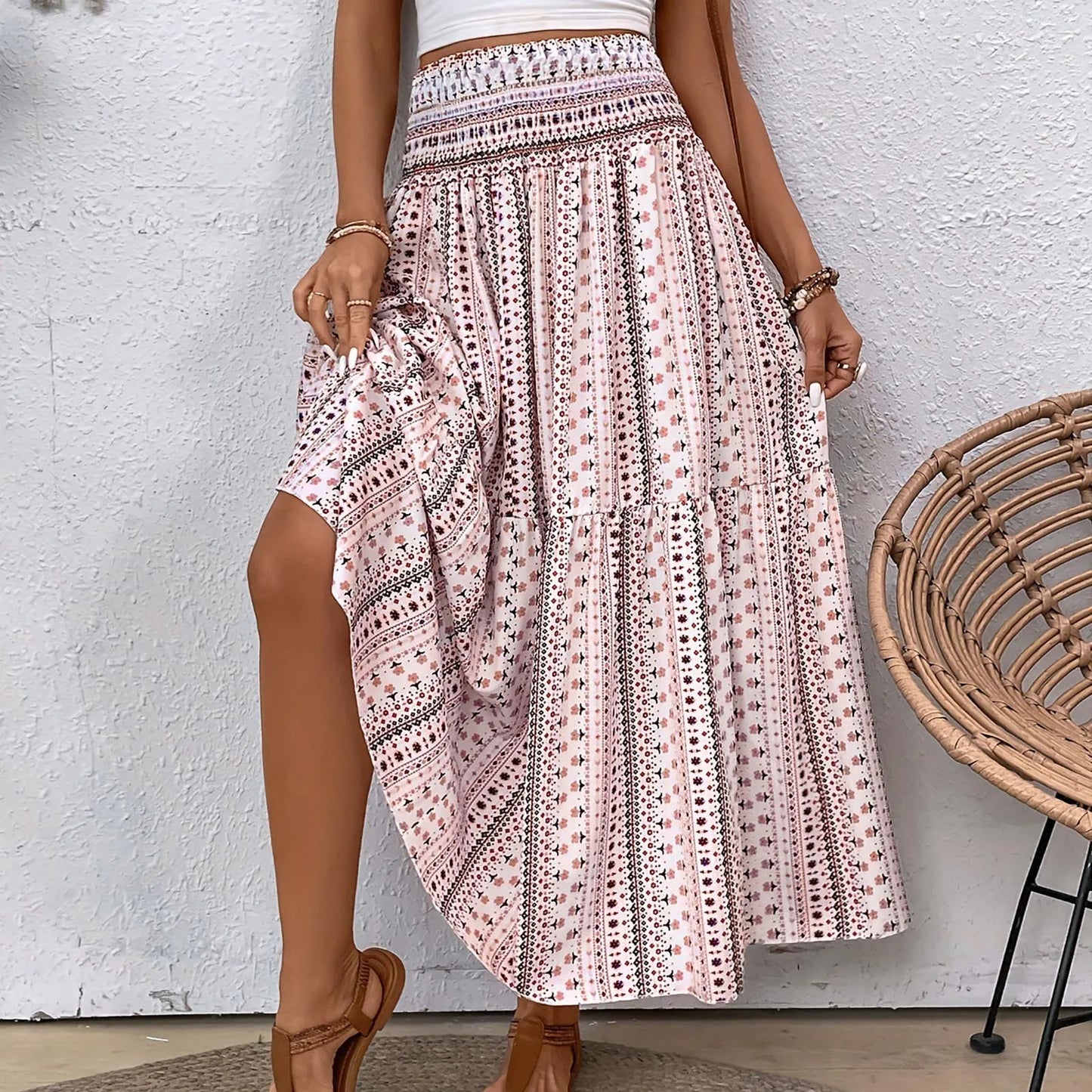 TAMBREET Skirts For Women Summer Bohemian Lace Up Floral Print Flowy Long Skirt Female Loose Boho Skirt Athletic Long Dress For Women