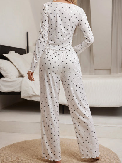 TAMBREET Sleepwear Suit Cute Bowknot Print  Lettuce Trim Top with Long Pant Lovely Loungewear Full Sleeve Nightwear Autumn Pajamas Set