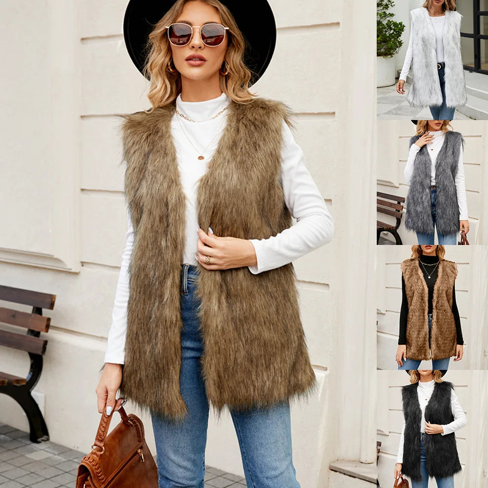 TAMBREET Sleeveless Jacket Women Faux Fur Vest V Neck Thick Jackets High Street Cardigan Coat Elegant Female Warm Vests Winter 2024