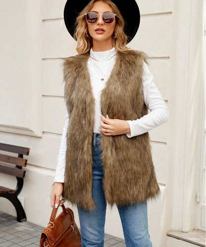 TAMBREET Sleeveless Jacket Women Faux Fur Vest V Neck Thick Jackets High Street Cardigan Coat Elegant Female Warm Vests Winter 2024