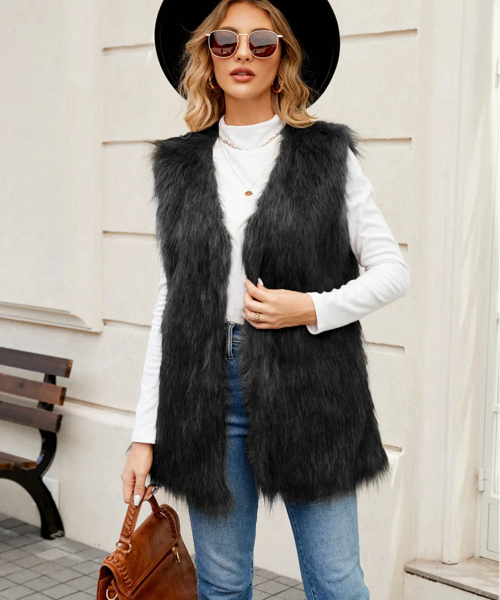 TAMBREET Sleeveless Jacket Women Faux Fur Vest V Neck Thick Jackets High Street Cardigan Coat Elegant Female Warm Vests Winter 2024