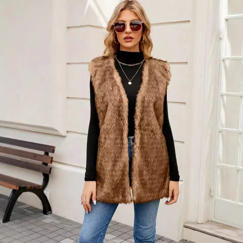 TAMBREET Sleeveless Jacket Women Faux Fur Vest V Neck Thick Jackets High Street Cardigan Coat Elegant Female Warm Vests Winter 2024