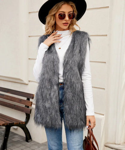 TAMBREET Sleeveless Jacket Women Faux Fur Vest V Neck Thick Jackets High Street Cardigan Coat Elegant Female Warm Vests Winter 2024