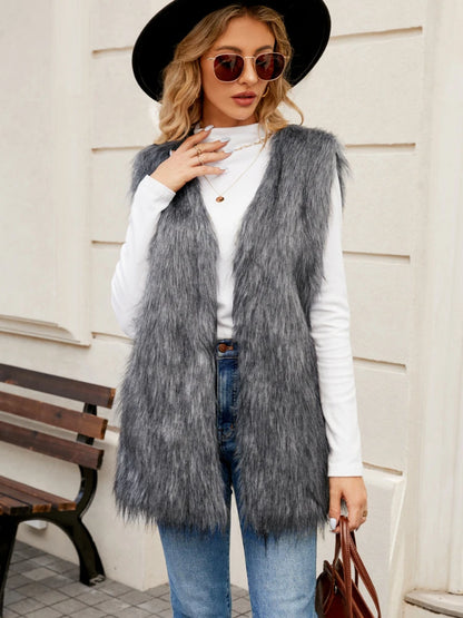 TAMBREET Sleeveless Jacket Women Faux Fur Vest V Neck Thick Jackets High Street Cardigan Coat Elegant Female Warm Vests Winter 2024