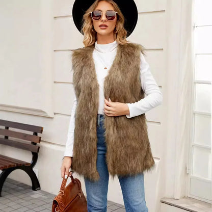 TAMBREET Sleeveless Jacket Women Faux Fur Vest V Neck Thick Jackets High Street Cardigan Coat Elegant Female Warm Vests Winter 2024