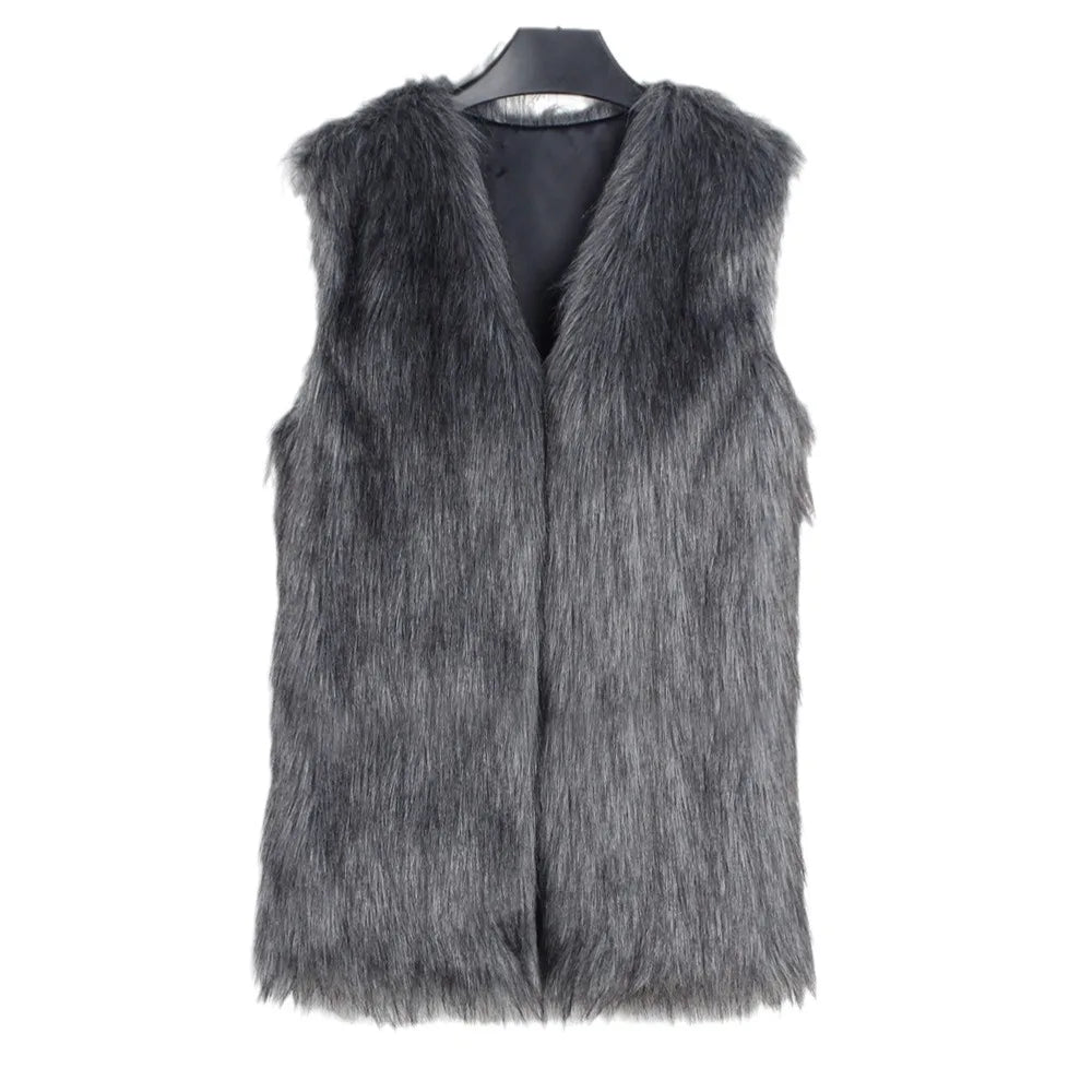 TAMBREET Sleeveless Jacket Women Faux Fur Vest V Neck Thick Jackets High Street Cardigan Coat Elegant Female Warm Vests Winter 2024