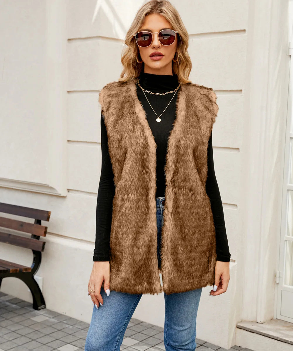 TAMBREET Sleeveless Jacket Women Faux Fur Vest V Neck Thick Jackets High Street Cardigan Coat Elegant Female Warm Vests Winter 2024