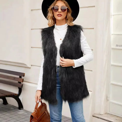 TAMBREET Sleeveless Jacket Women Faux Fur Vest V Neck Thick Jackets High Street Cardigan Coat Elegant Female Warm Vests Winter 2024