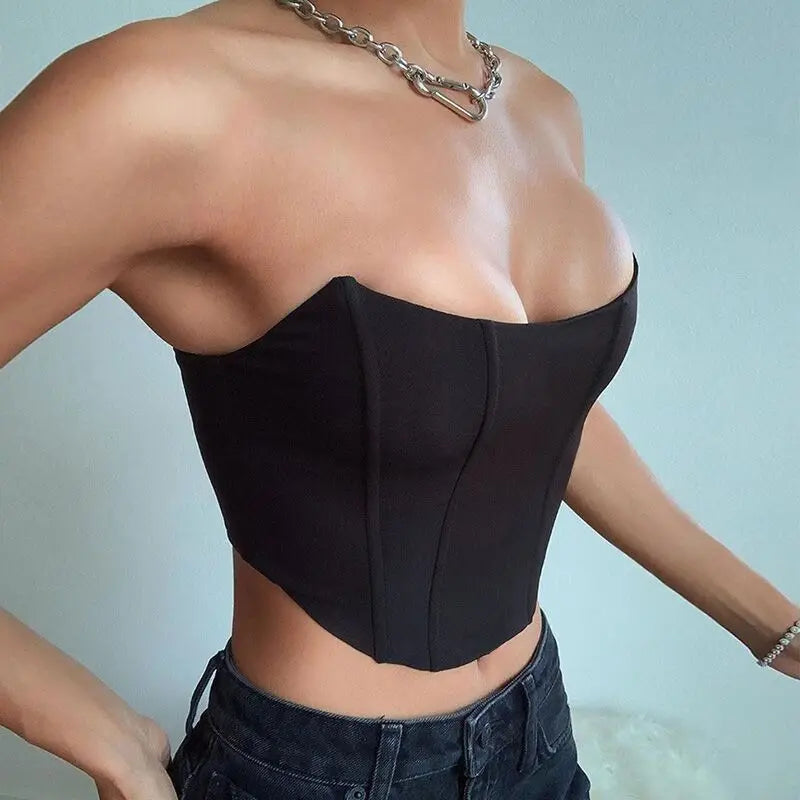 TAMBREET Sleeveless Off Shoulder Velvet Fashion Sexy Corset Crop Tops Vest Female Underwear Backless Bustier Top Solid