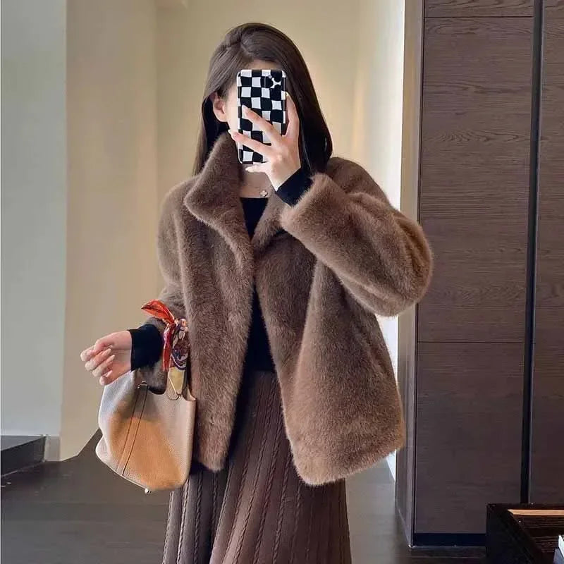 TAMBREET Smvp Autumn Winter Warm Faux Fur Coats Women Korean Fashion Streetwear Short Plush Jacket Ladies Elegant Chic Thick Fur Outwear