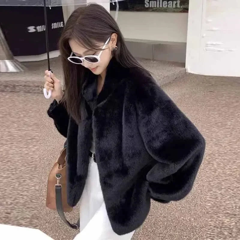 TAMBREET Smvp Autumn Winter Warm Faux Fur Coats Women Korean Fashion Streetwear Short Plush Jacket Ladies Elegant Chic Thick Fur Outwear