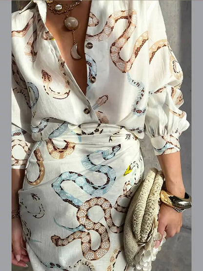 TAMBREET Snake Printed Shirt & Skirt Set For Women Long Sleeve Shirt Split Skirt 2 Pcs Set Women Single Breasted Beach Summer Chic Suits