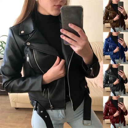 TAMBREET Solid Color Lady Faux Leather Jacket Autumn Winter biker Jacket Women Waterproof Leather Coat veste femme кожаная куртка женская