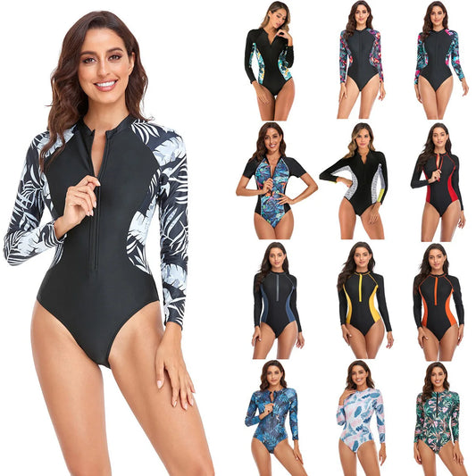 TAMBREET Solid Color One-Piece Swimsuit Long Sleeve Swimwear Sports Women's Swimming Bathing Suit Beach Bather Surfing Swim Wear