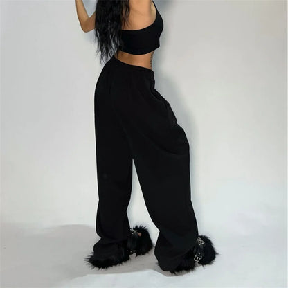 TAMBREET Solid Loose Sweatpants Women Wide Leg Y2K American Retro Pant Female Joggers Baggy Pants Hip Hop Oversized Trousers Streetwear