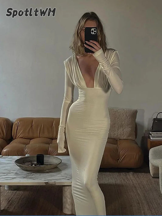 TAMBREET Solid Silk Pleated Long Sleeve Slim Maxi Dress Women Sexy Deep V Neck Slim Hollow Out Gown Fashion Elegant Party Vestidos 2024