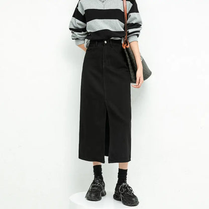 TAMBREET  Split Denim Skirt For Women High Waisted Loose A-line Skirt Korean Elegant Black Skirts 2024 Autumn Fashion Mid length Skirts