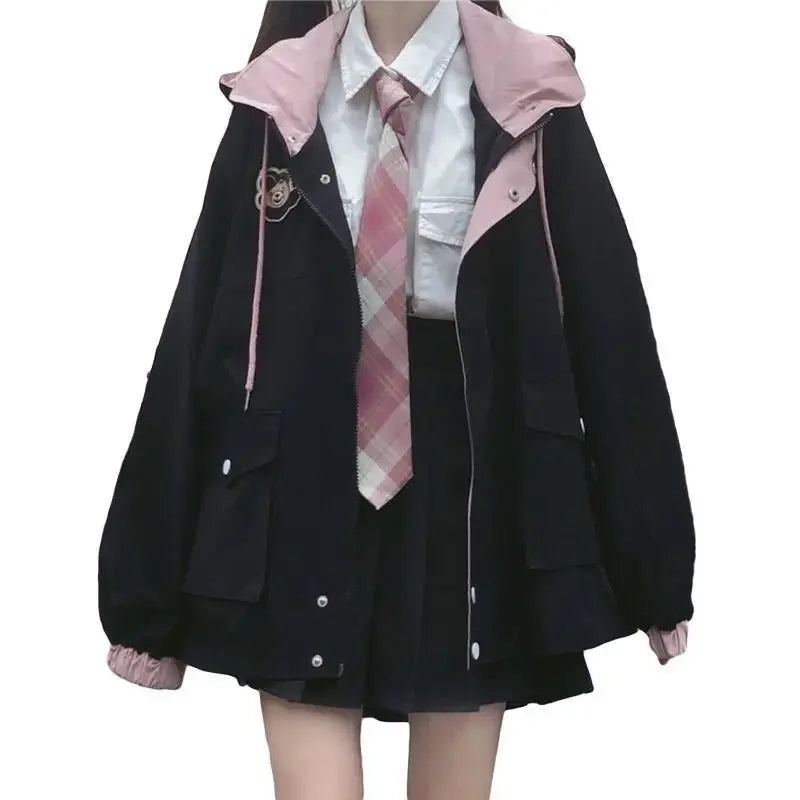 TAMBREET Spring Autumn 2024 New Loose-Fit Workwear Jacket For Girls High School Students Japanese Style Soft Cute Top