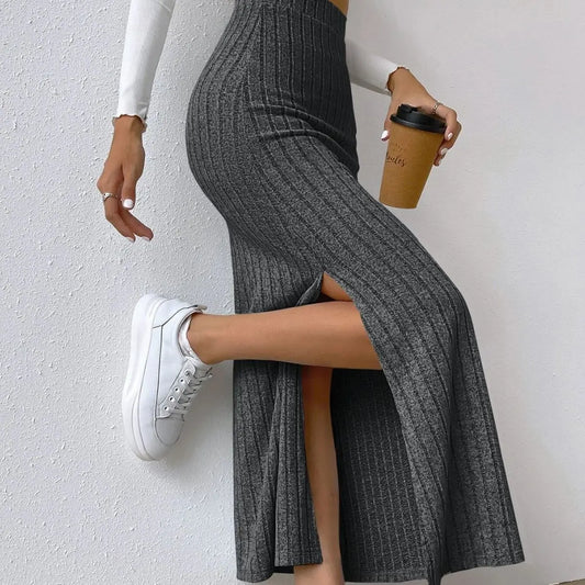 TAMBREET Spring Autumn Casual Women High Waist Skirt Sexy Knitted Side Slit Skirt Elegant Solid Office Long Skirts For Women Fashion 2024