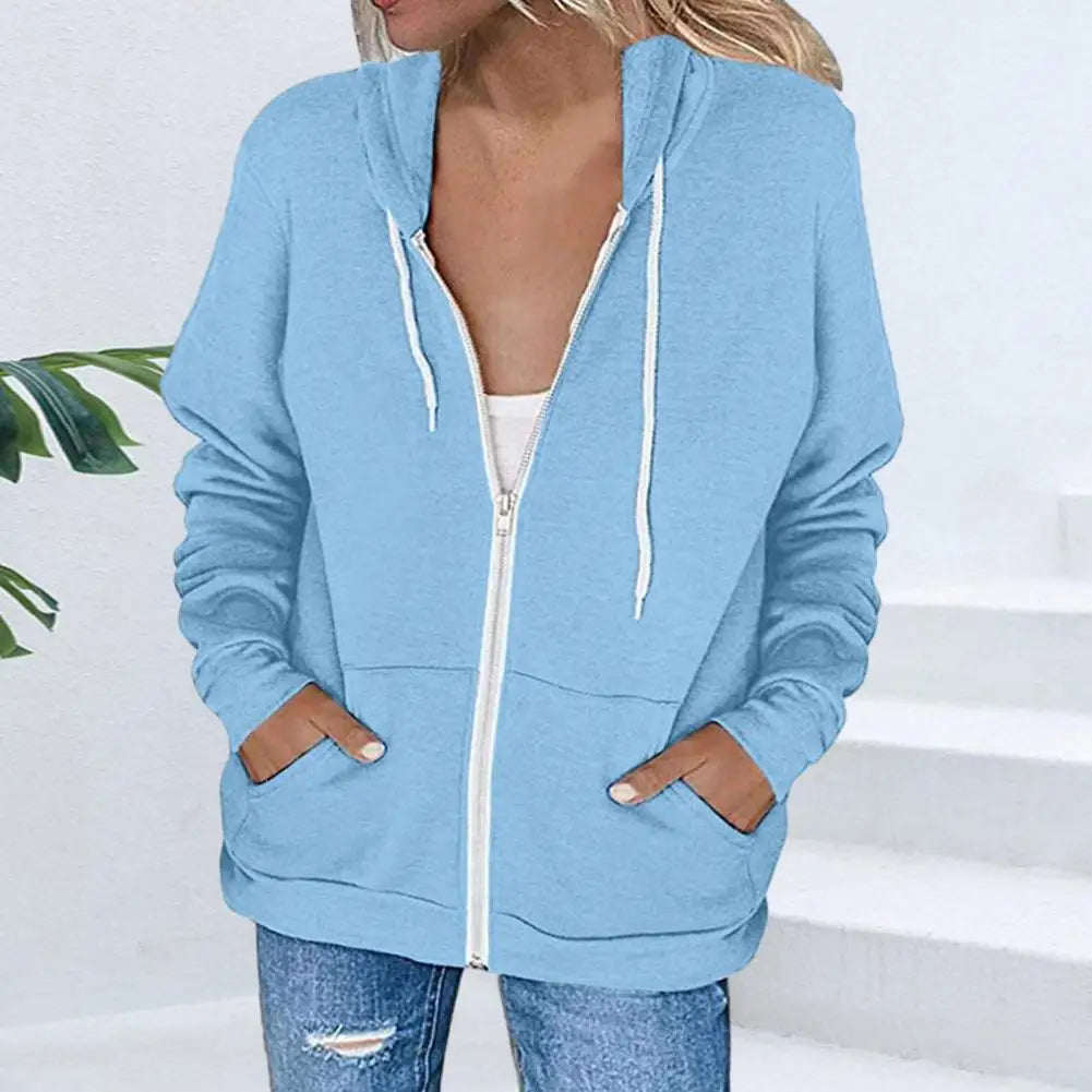 TAMBREET Spring Autumn Women Sweatshirt Coat Hooded Solid Color Long Sleeve Drawstring Pockets Lady Jacket Zipper Placket Female Coat