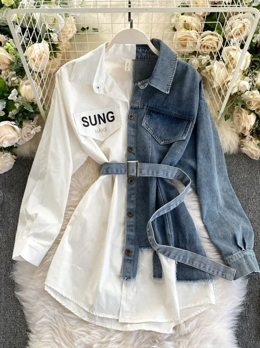 TAMBREET Spring Autumn Women's Denim Shirt Color Contrast Patchwork Lace Up Blouse Shows Thin Versatile Top Fashion GD596