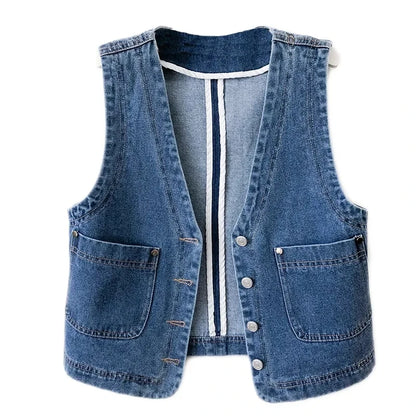 TAMBREET Spring Autumn Women's Short Denim Vest Jacket Single Breasted Korean Slim Casual Jeans Vest Female Waistcoat Tops Chaleco Mujer