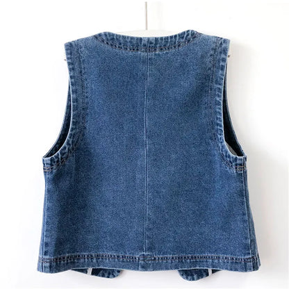 TAMBREET Spring Autumn Women's Short Denim Vest Jacket Single Breasted Korean Slim Casual Jeans Vest Female Waistcoat Tops Chaleco Mujer