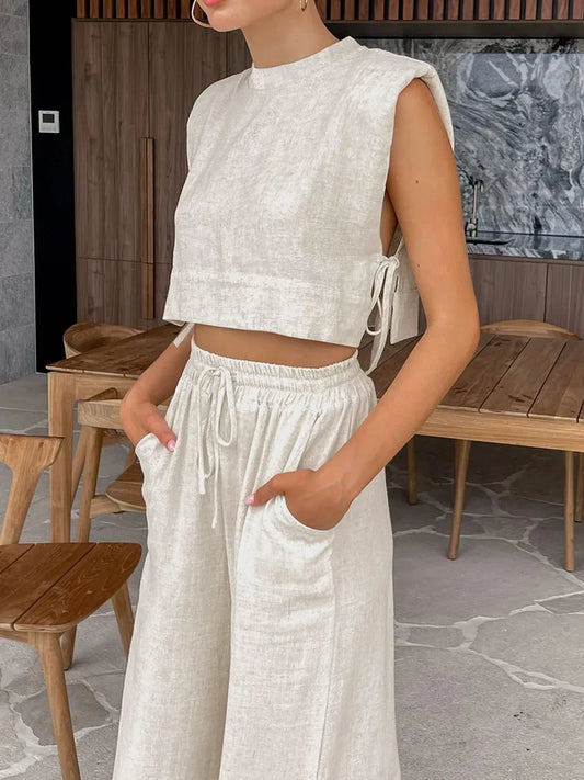 TAMBREET Spring Summer 2024 Women Holiday Linen Pant Set Crop Tops Solid Outfits 2 Two Piece Matching Set For Women