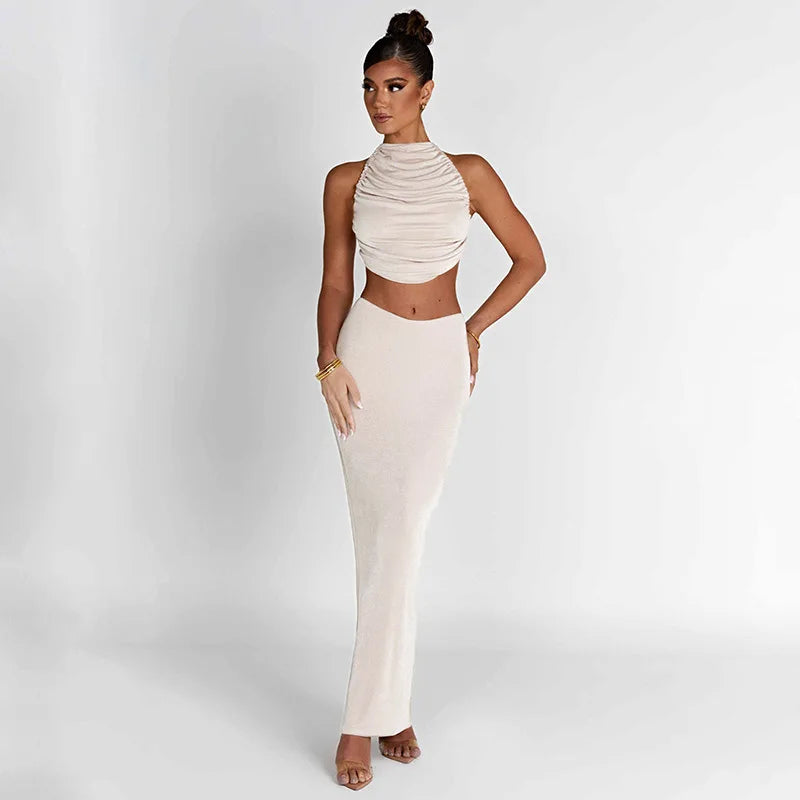 TAMBREET Spring Summer 2024 Women Sexy Club Party Outfits Sleeveless Backless Crop Top Camis +Maxi Bodycon Skirt Two Piece Matching Sets