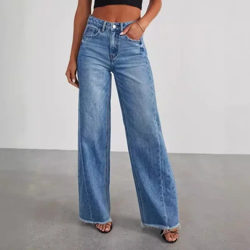 TAMBREET Spring Summer New Women's Clothing Solid Color Loose Wide Leg Side Seam Stitching Frayed Hem Jeans